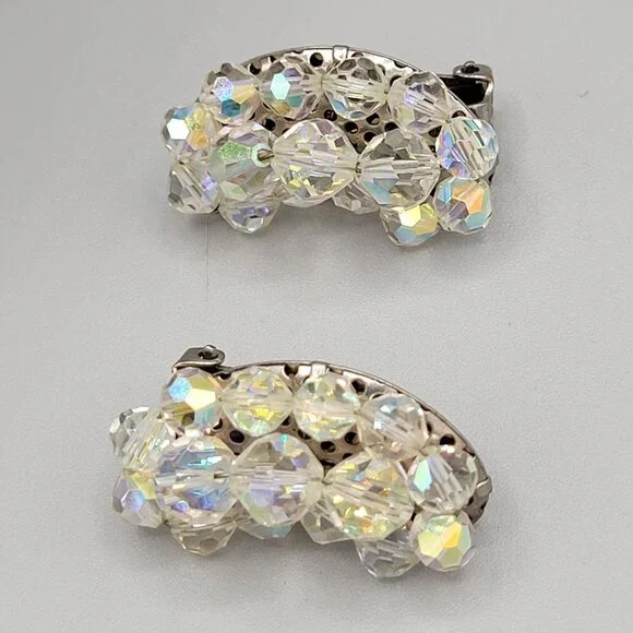 Vintage AB Aurora Borealis Crystal Curved Clip On Earrings 1940s - Picture 2 of 6